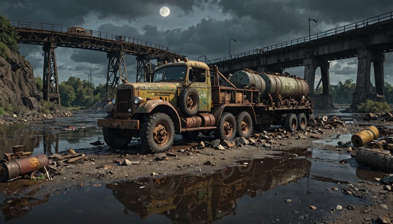 Dieselpunk Wasteland: Ruined Bridge and Mack Truck