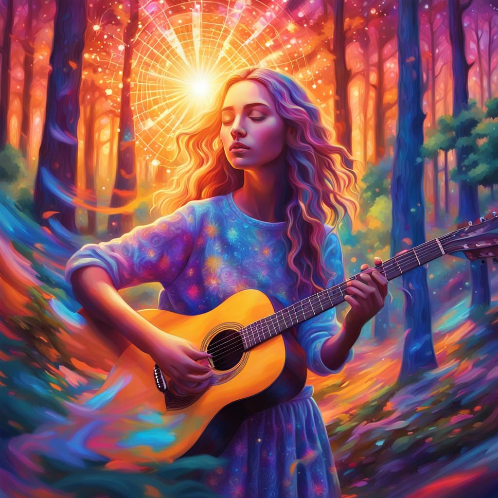 Girl Plays Guitar in Psychedelic Astral Forest