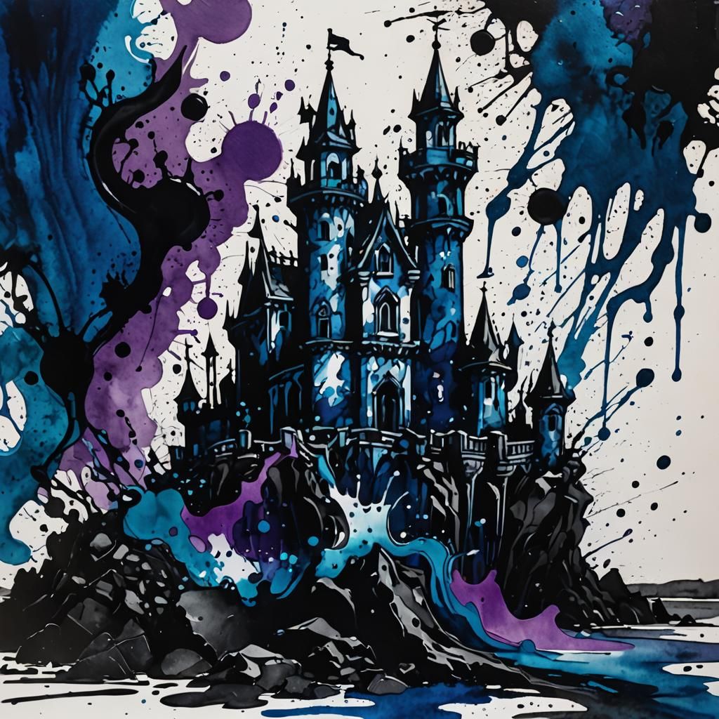 Abstract Ink Castle: Expressionist Action Painting