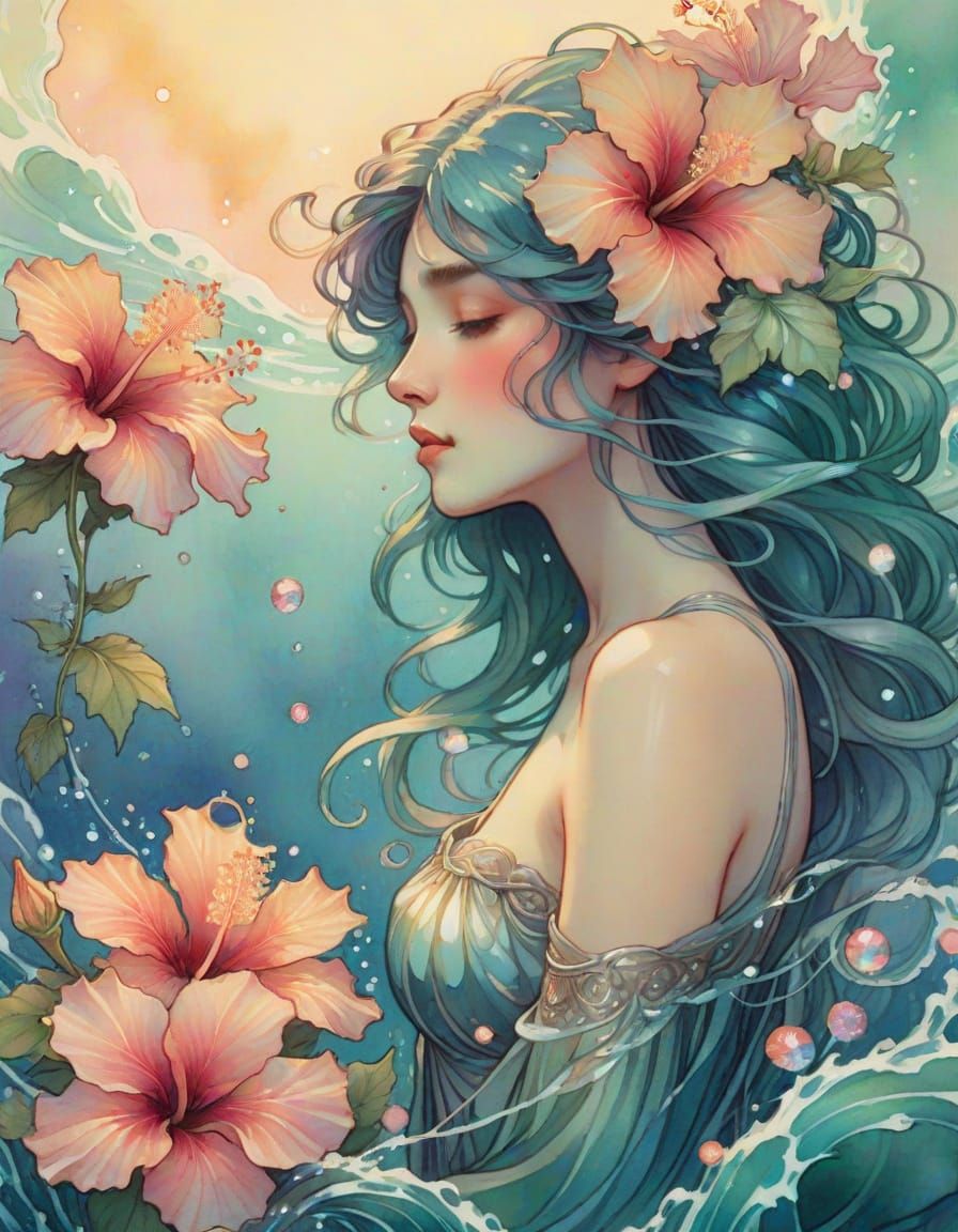 Ocean Woman with Seaweed Hair in Watercolor Art Nouveau