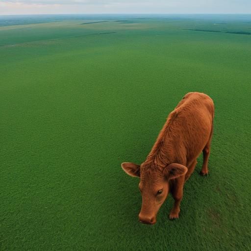 Aerial View of Grazing Brown Cow, Photorealistic