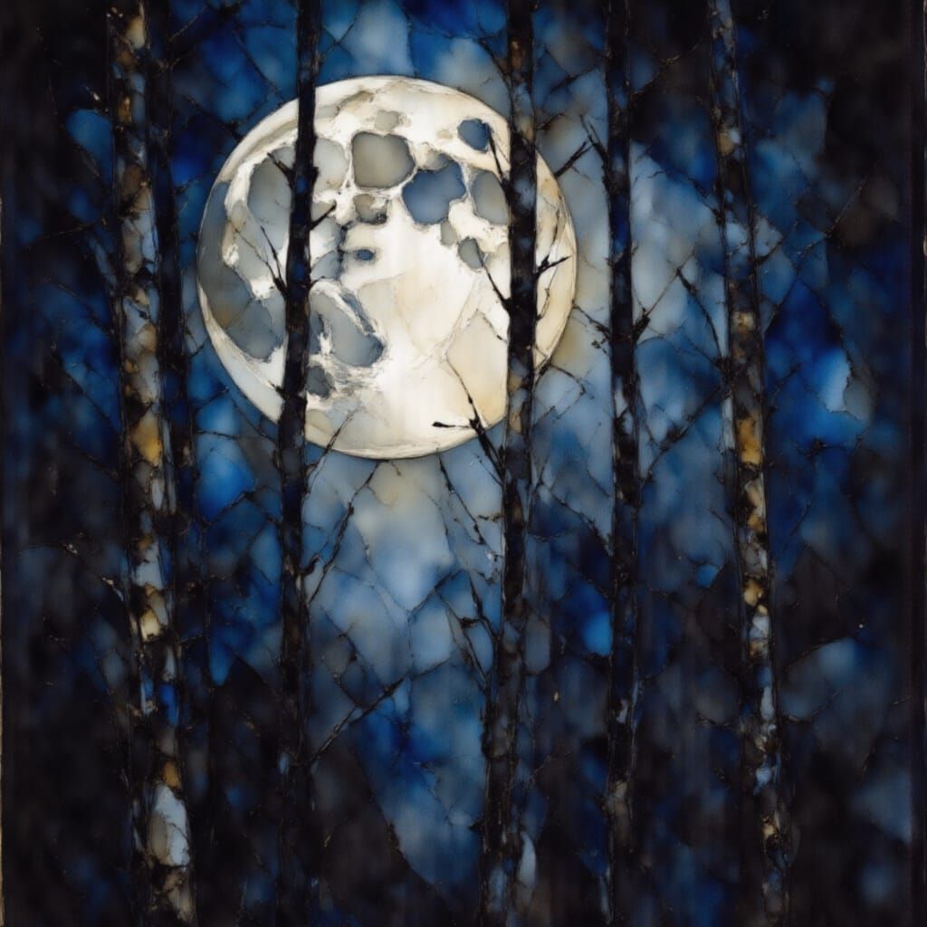 Midnight Moon Through Birch Trees