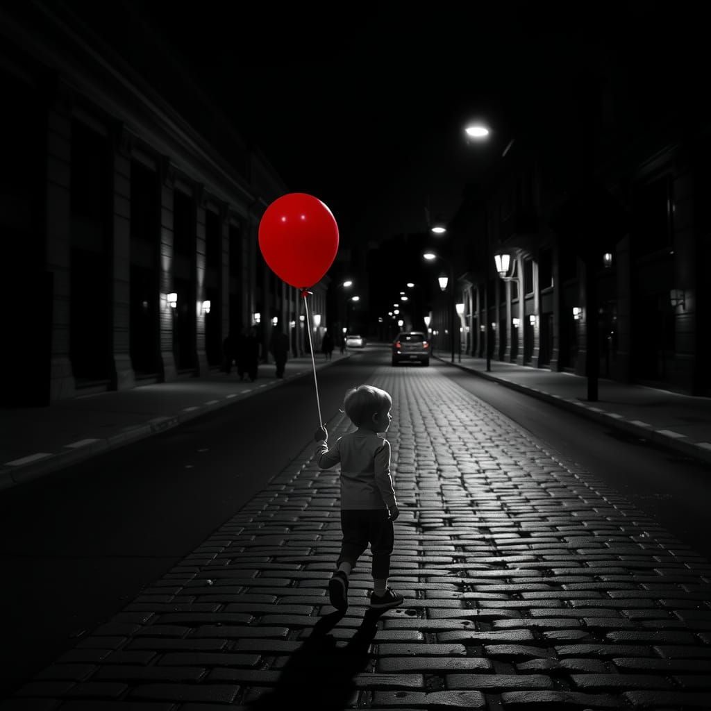 Noir Child with Red Balloon on Cobblestone Street