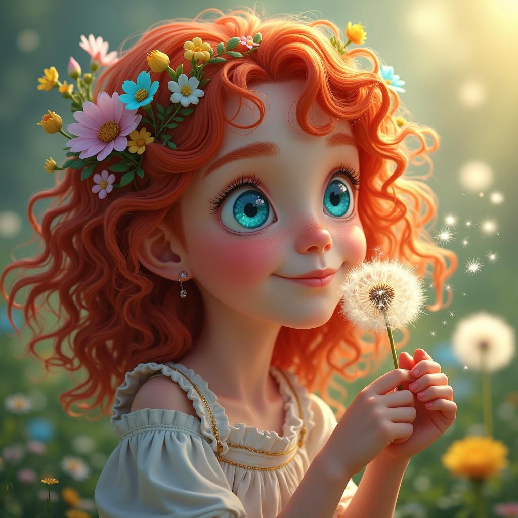 Red-Haired Girl Blowing Dandelions in Fantasy Scene