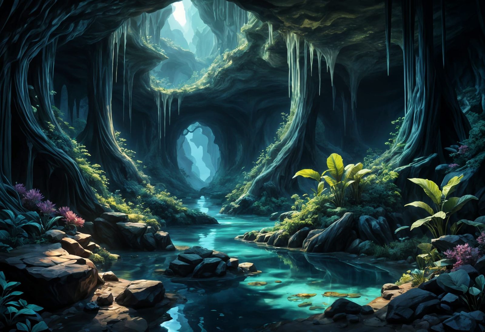 Mysterious Underground Cavern with Lamplit Pool