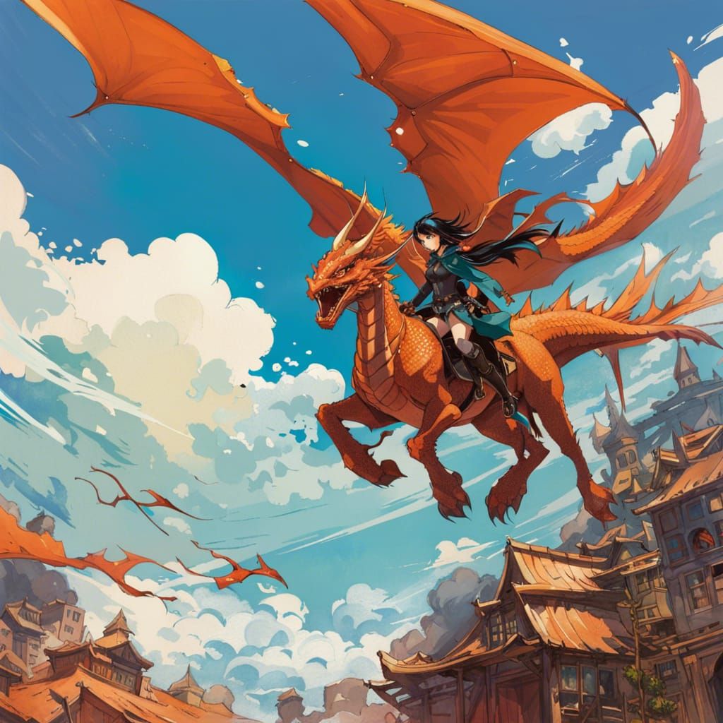 Anime Dragon Rider Soaring in Blue Skies