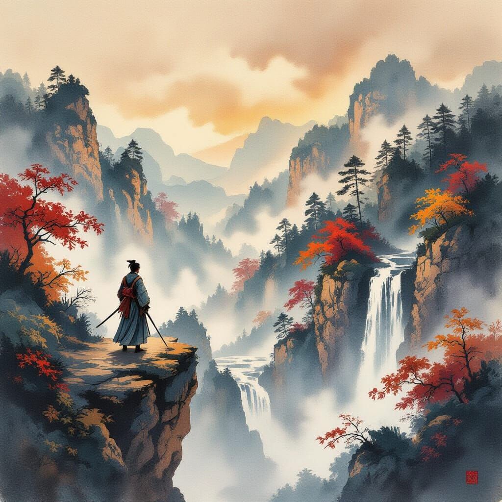 Samurai Warrior Over Autumn Forest in Ink Wash Style
