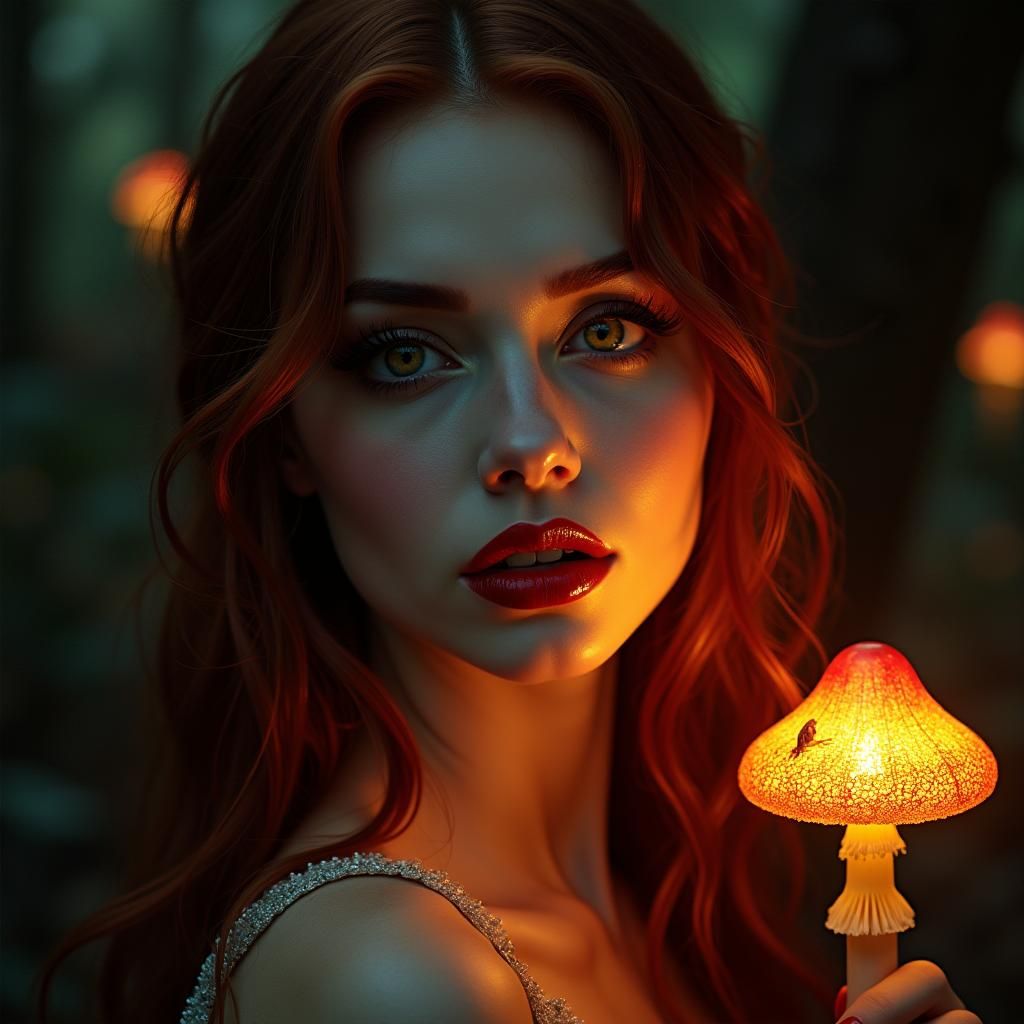 Vampire Portrait in Mystical Forest with Glowing Mushrooms