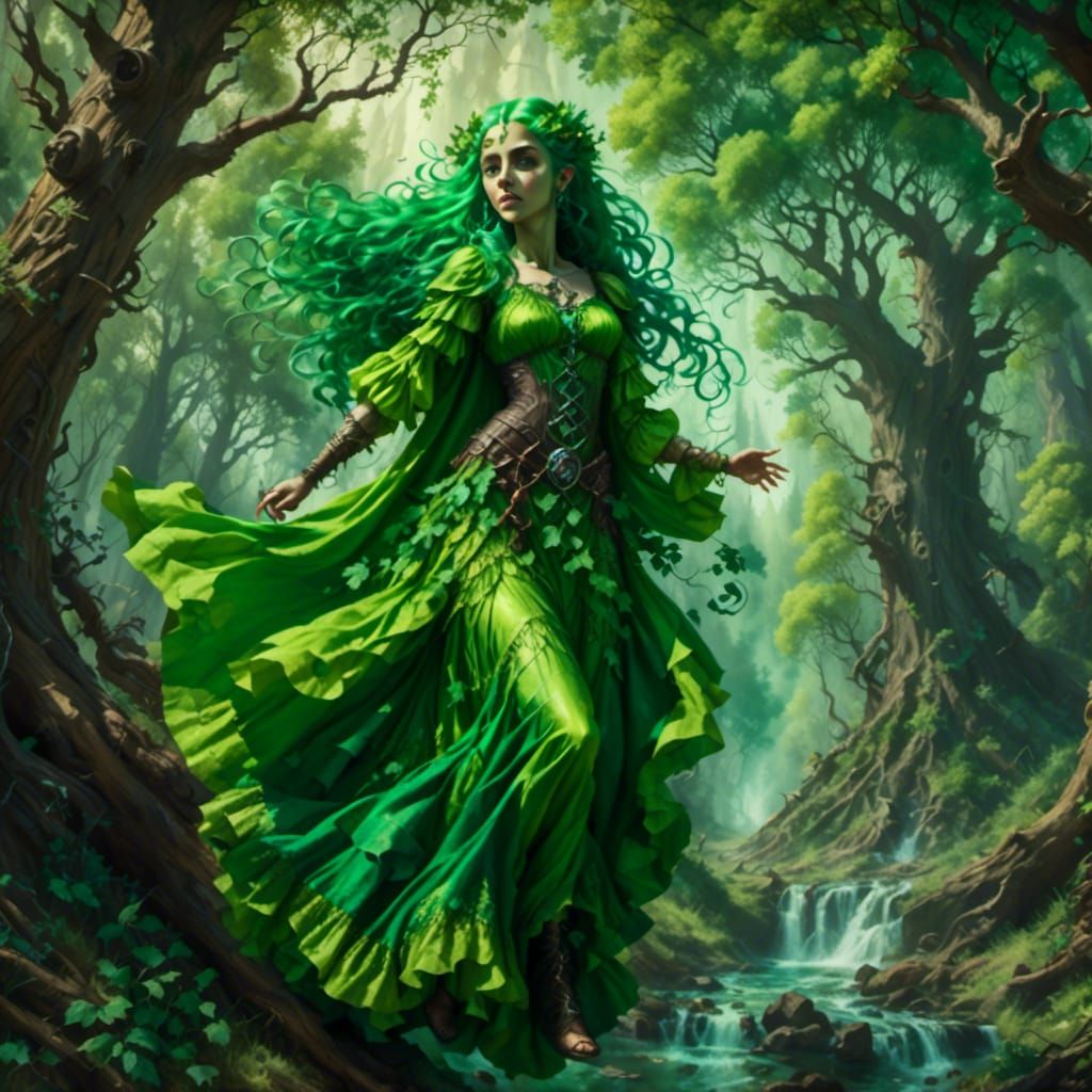Green-Haired Dryad in Sunny Forest, as Oil Painting