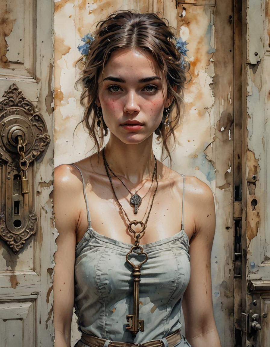 Key Pendant Portrait in Watercolor Art Style