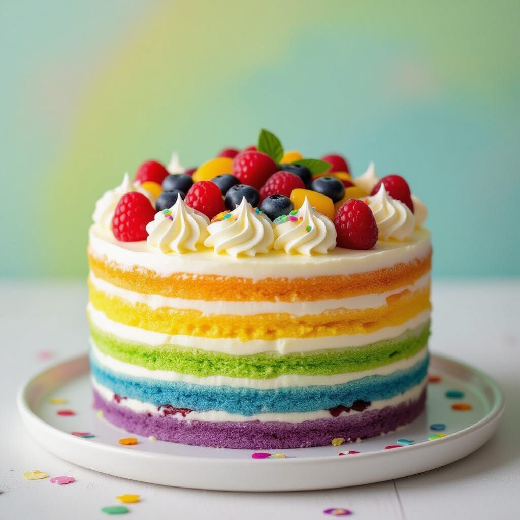 Colorful Rainbow Cake on Bright Background