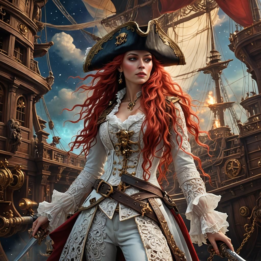 Rococo Gothic Lady Pirate in Space, Digital Oil Painting