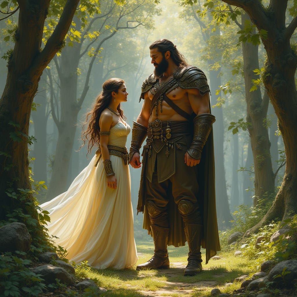 Man with his daughter in the woods