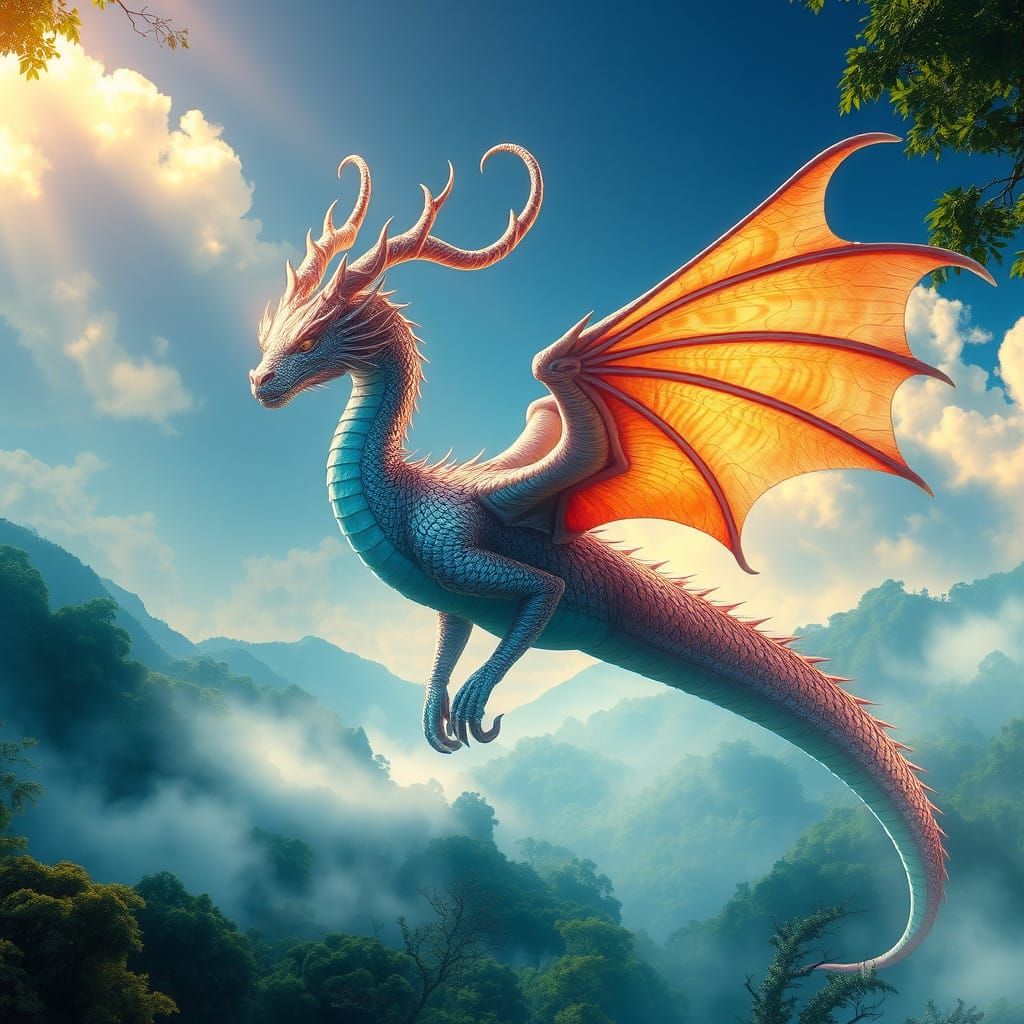 Mystical Dragon with Delicate Horns and Iridescent Scales