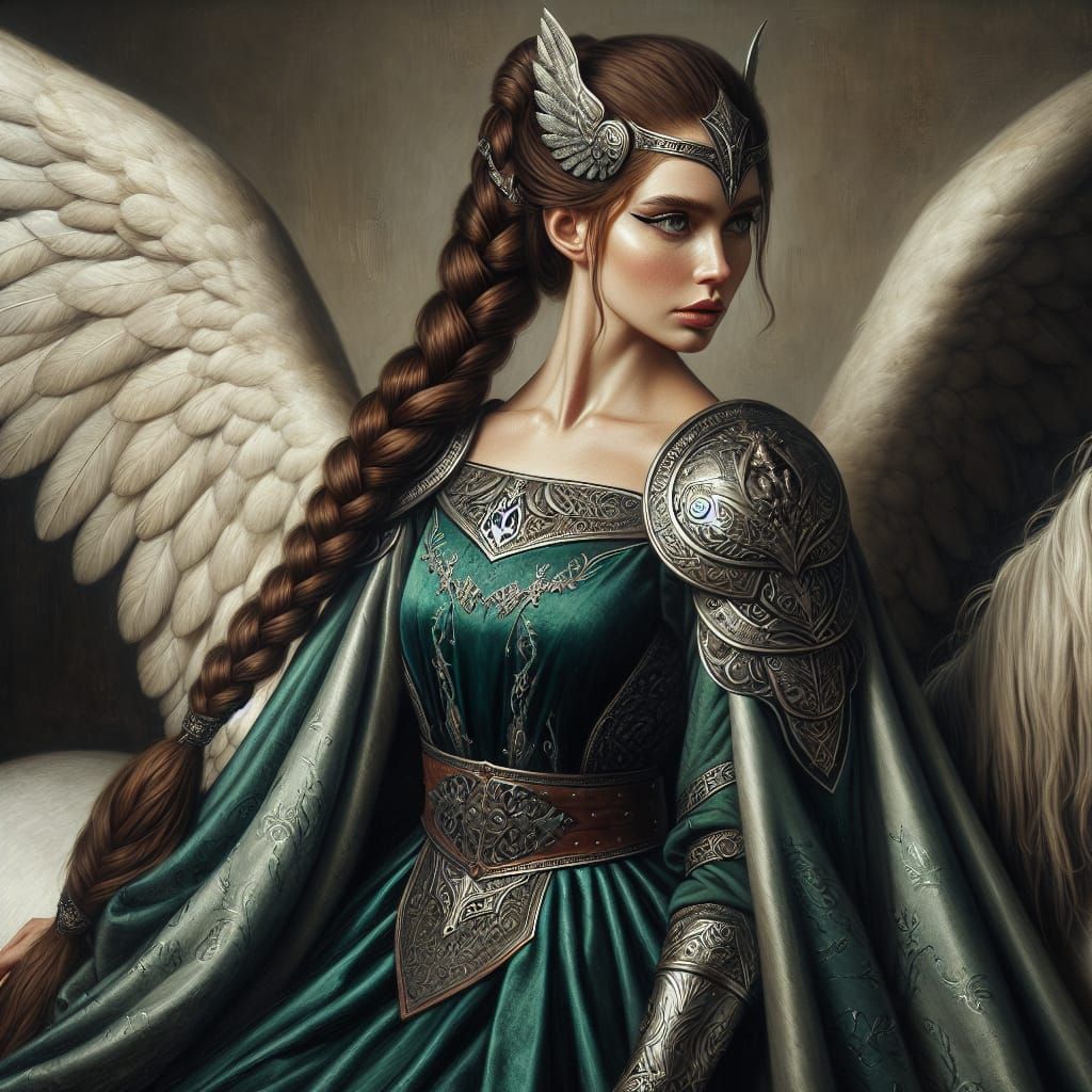 Viking Goddess Olrun on Winged Horse in Oil Painting Style