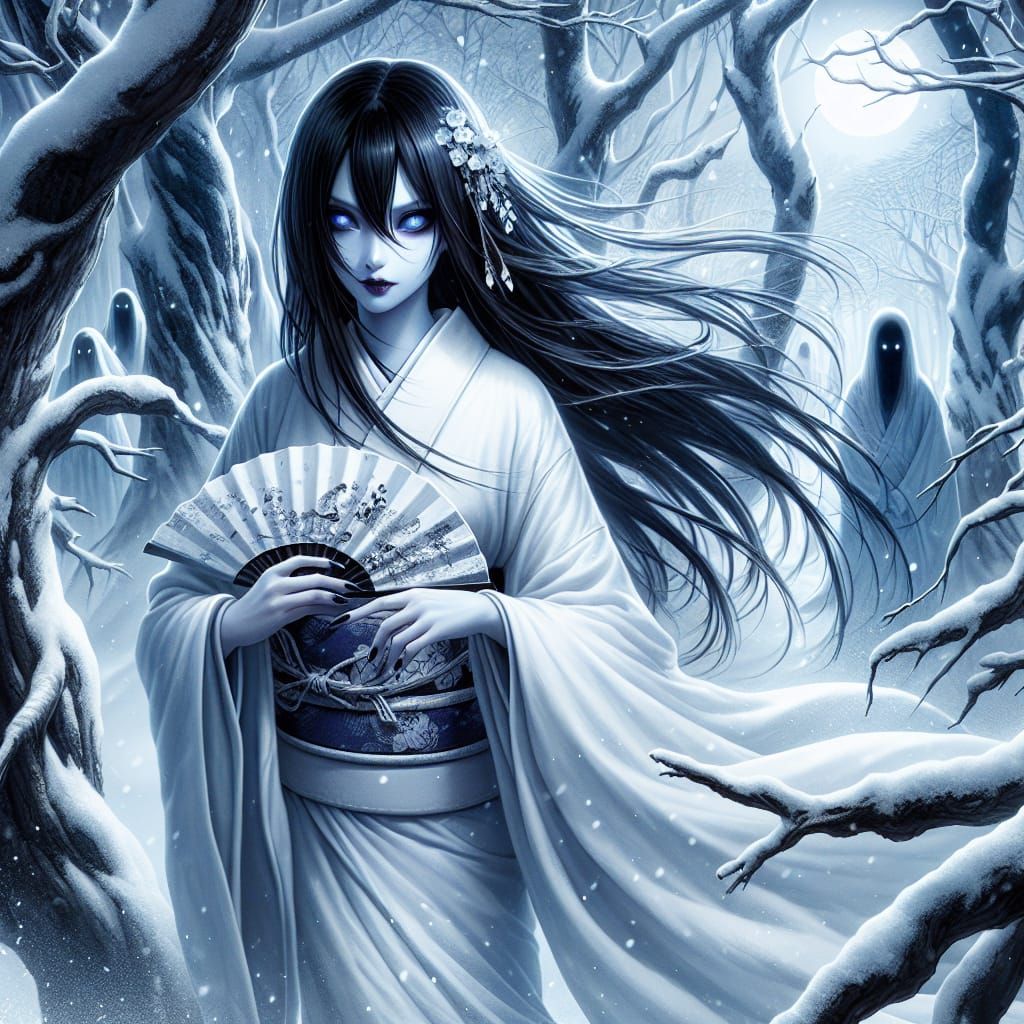 Yuki-onna in a Snowy Forest