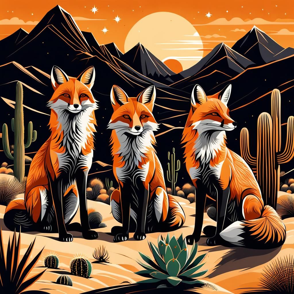 Desert Foxes at Sunset, Vector Graphics Style