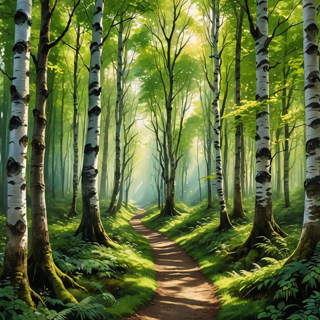 Enchanted Forest Path with Sunbeams as Impasto Painting