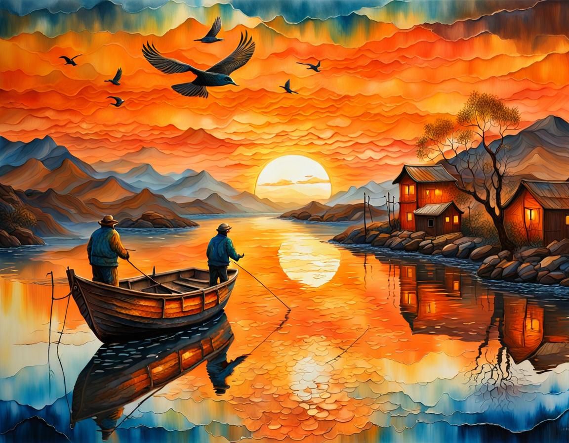 Fisherman's Luminous Sunrise: An Alcohol Ink Painting