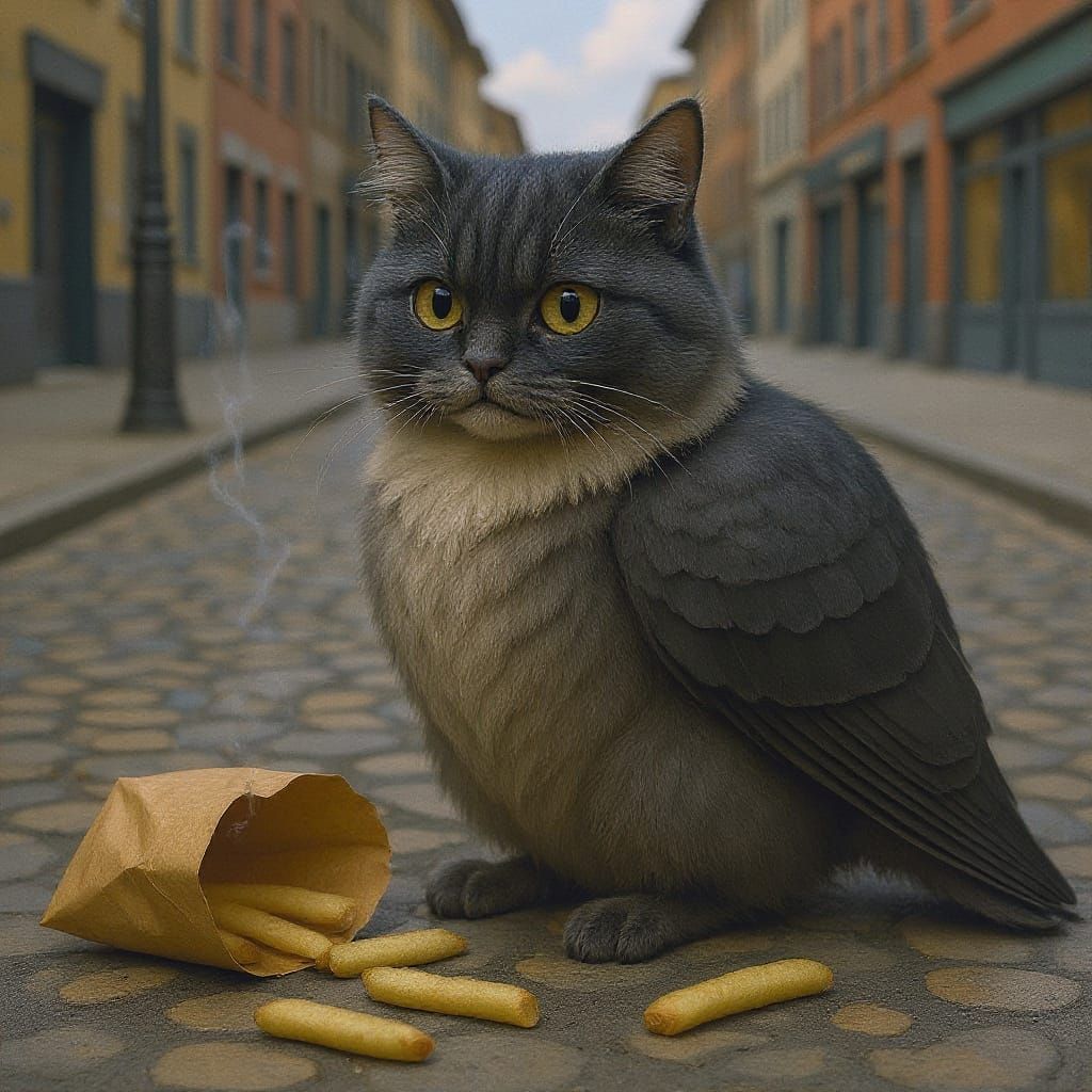 Photorealistic Pigeon-Cat Hybrid on Sidewalk