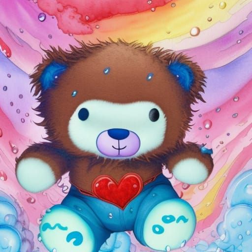 Pink Teddy Bear Superhero in Rainbow Rain