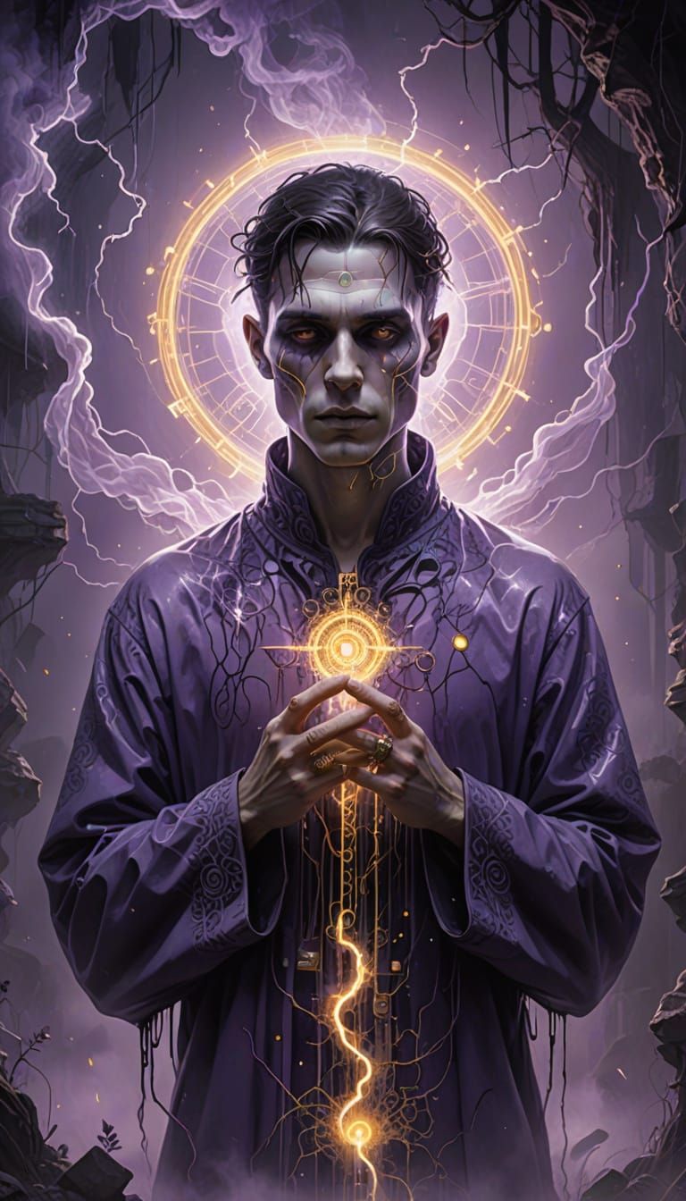 Mysterious Man with Glowing Circuits in Surreal Digital Pain...