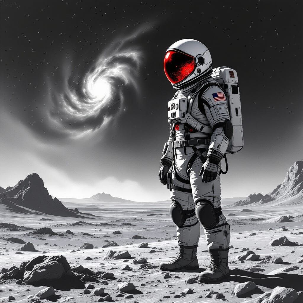 Astronaut on Alien Planet Gazing at Nebula in Noir Style