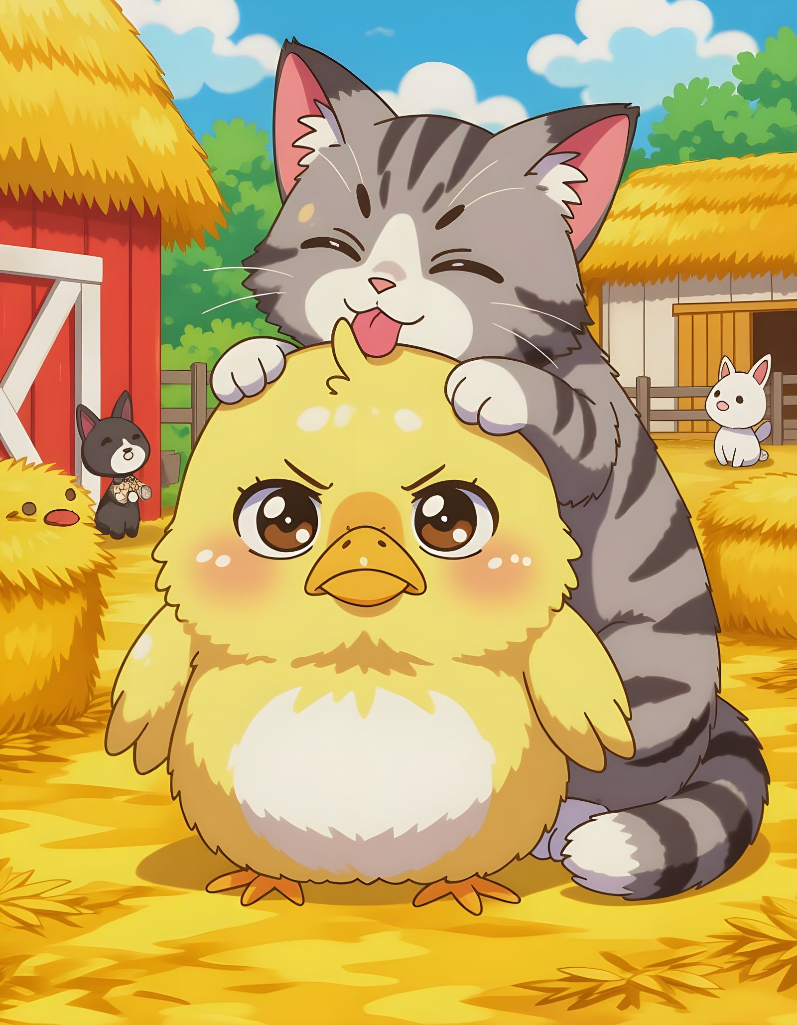Grumpy Chick Groomed by Kitten in Anime Style