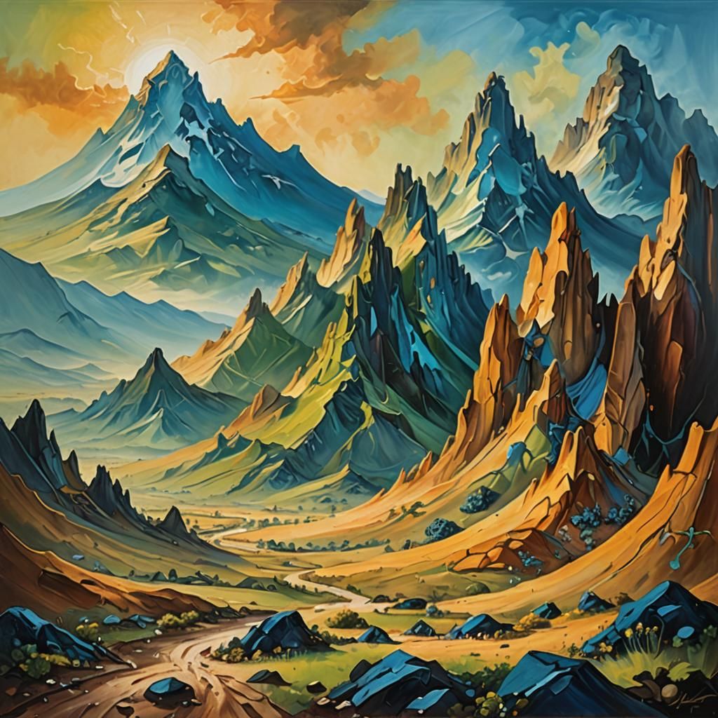 Volcanic Mountains in Dreamlike Oil Painting
