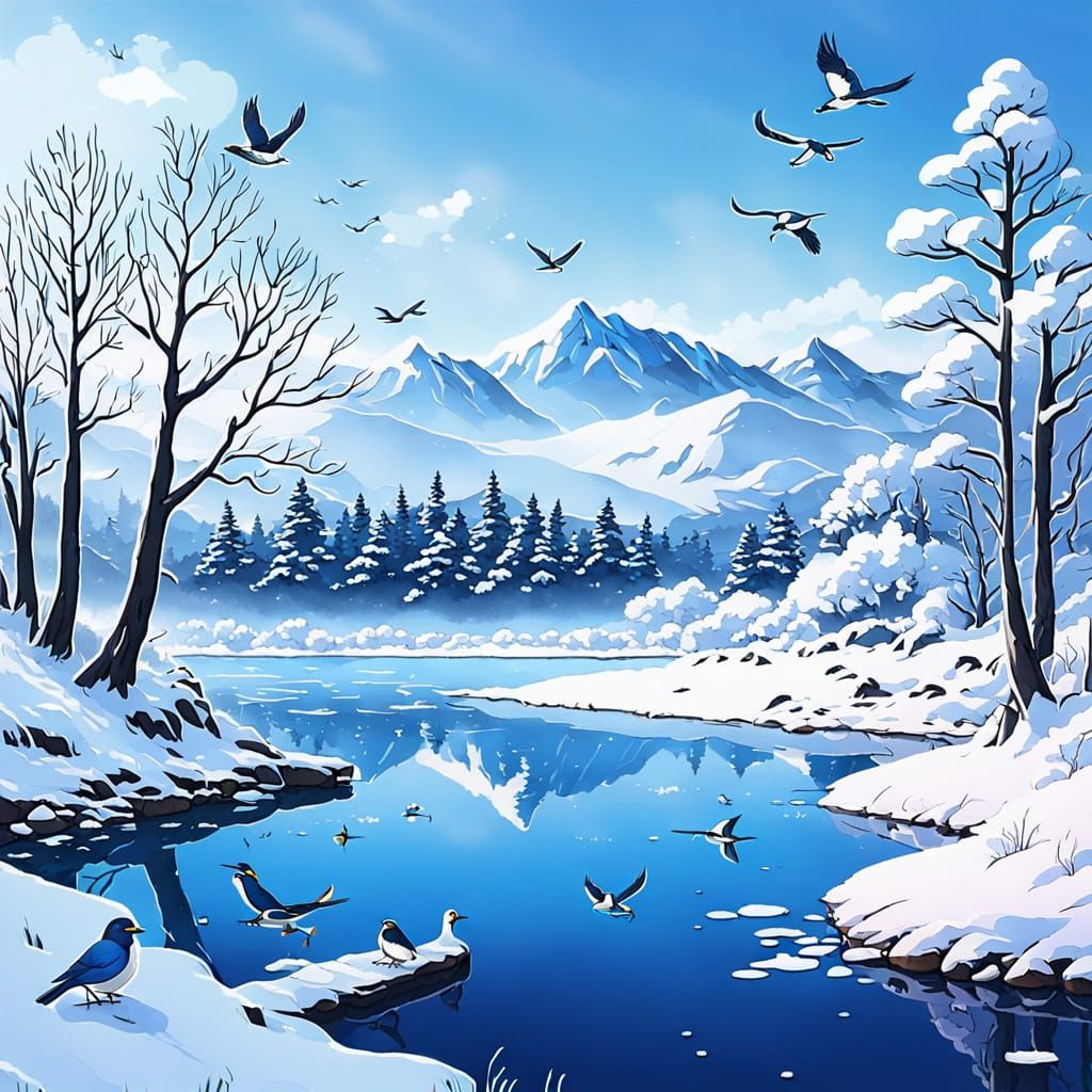 Frozen Blue Lake in Winter Scene