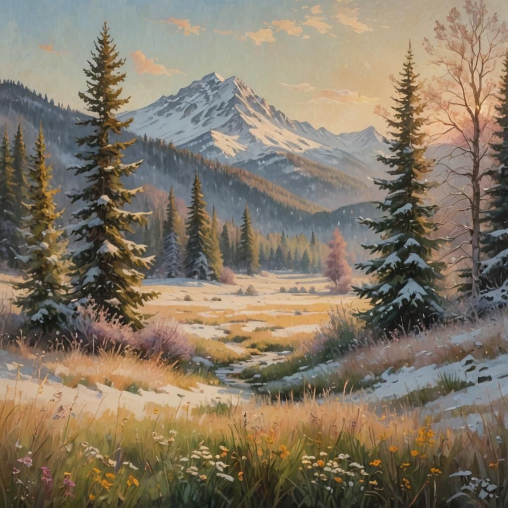 Serene Snowy Alpine Scene in Impressionistic Style