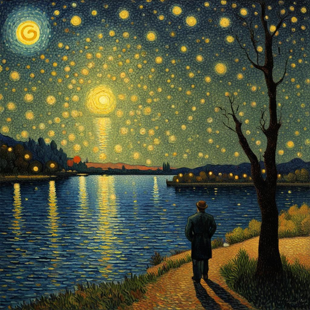 Starry Night Lake: Pointillism in Bioluminescent Hues