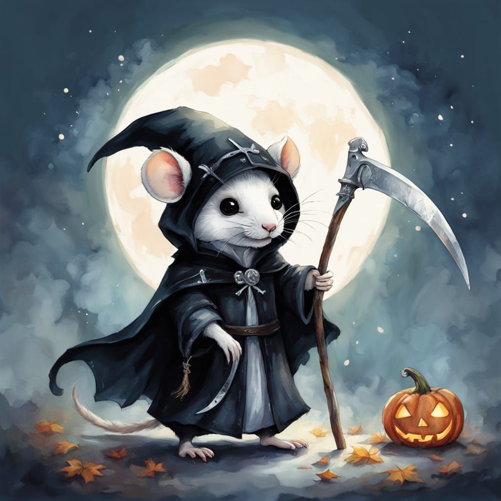 Cute Grim Reaper Rat in Watercolor