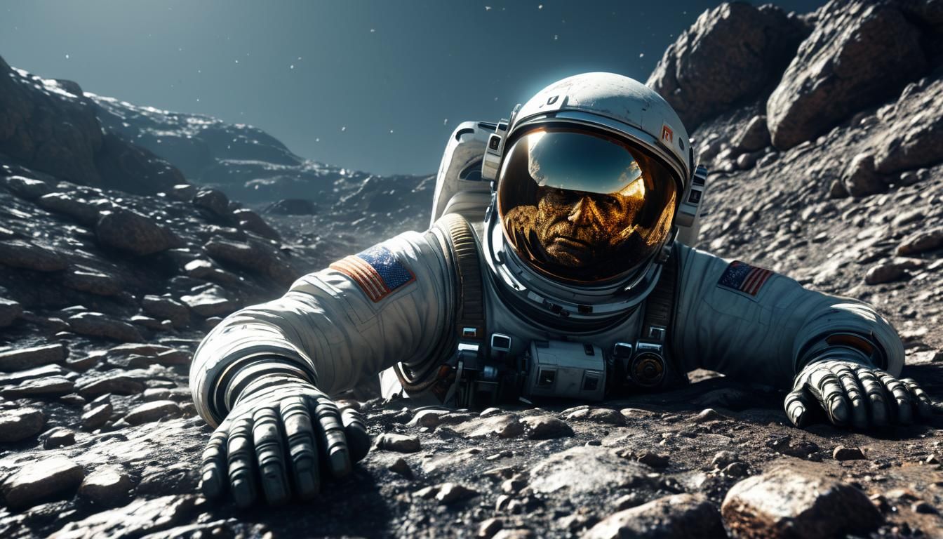 Dead Astronaut in Rocky Terrain: Cinematic 3D Art