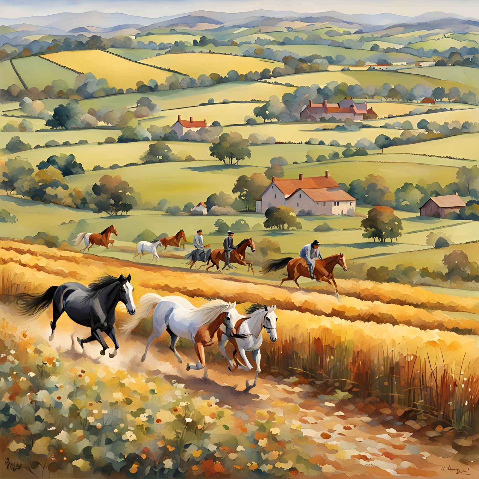 Horses in Devon: Hudson River School Watercolor