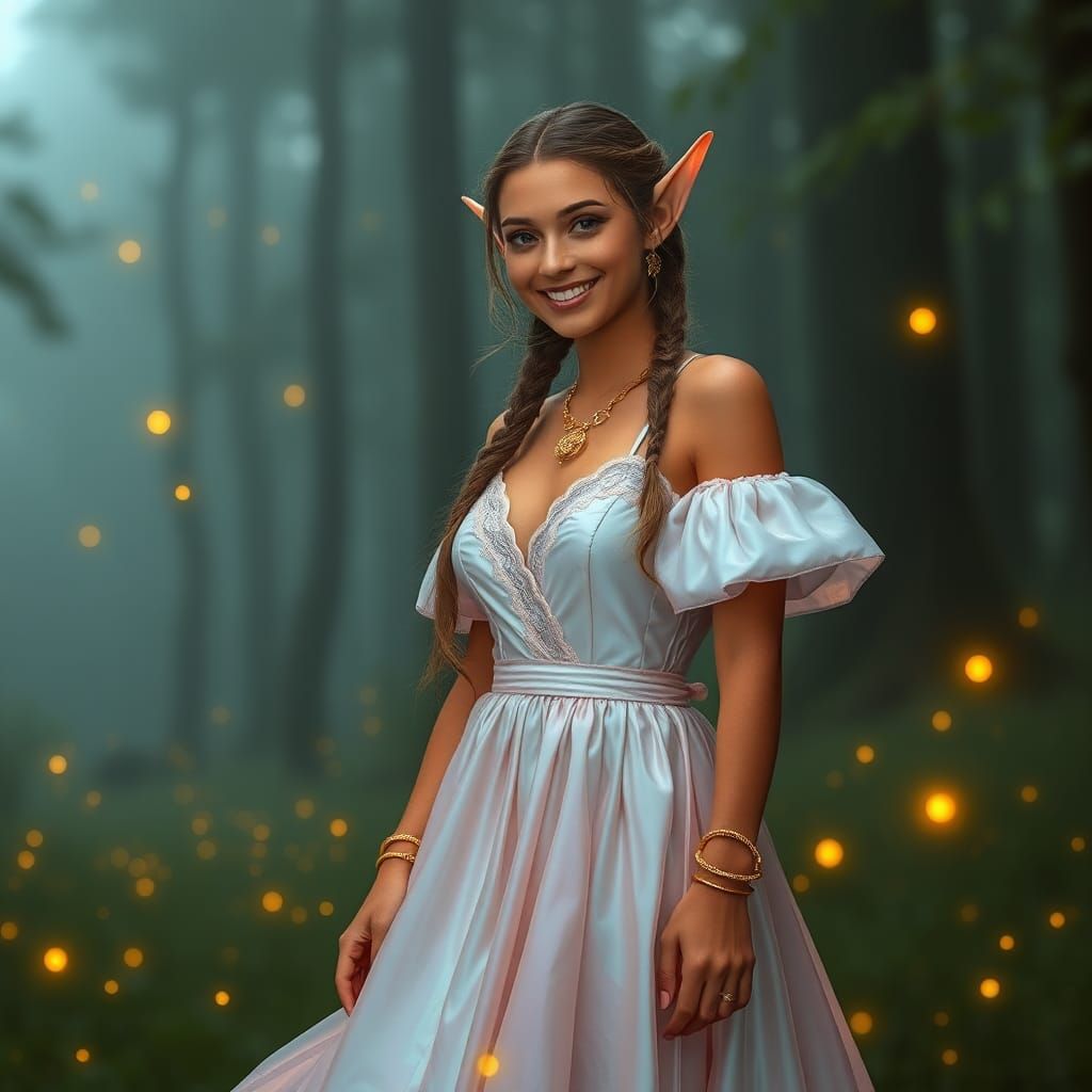 Smiling Elf Woman in Foggy Forest with Fireflies