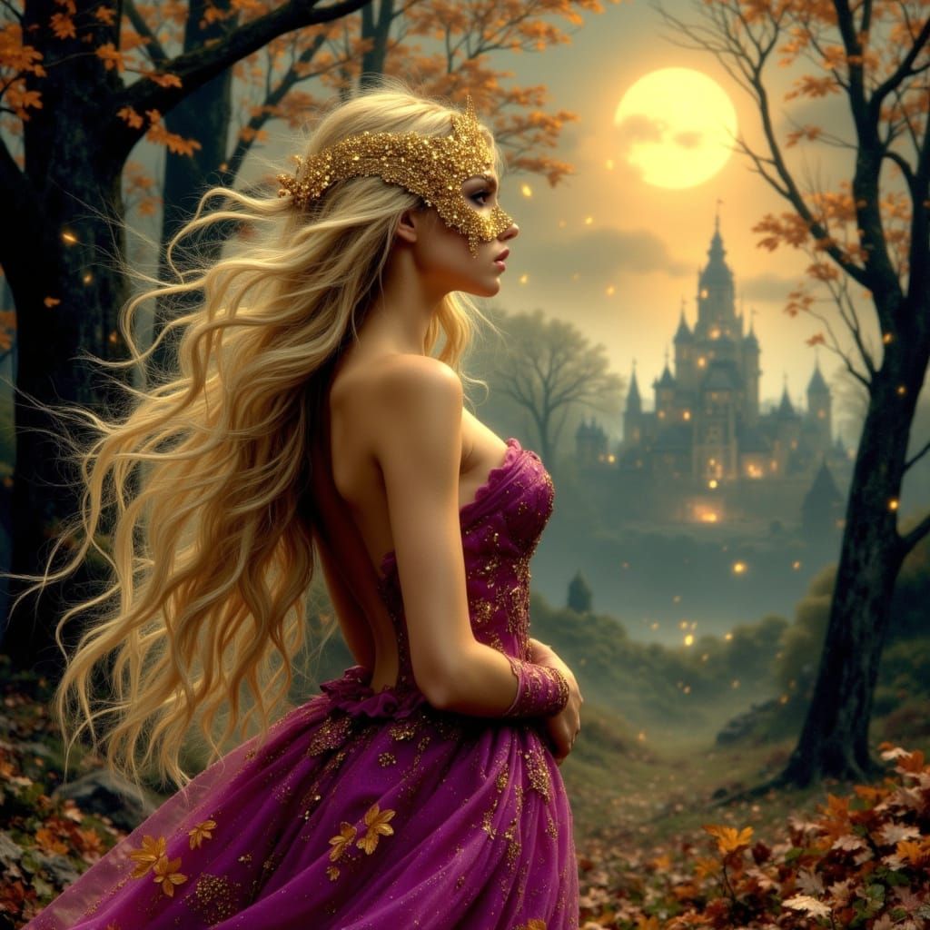 Princess in Magenta Gown in Autumn Forest