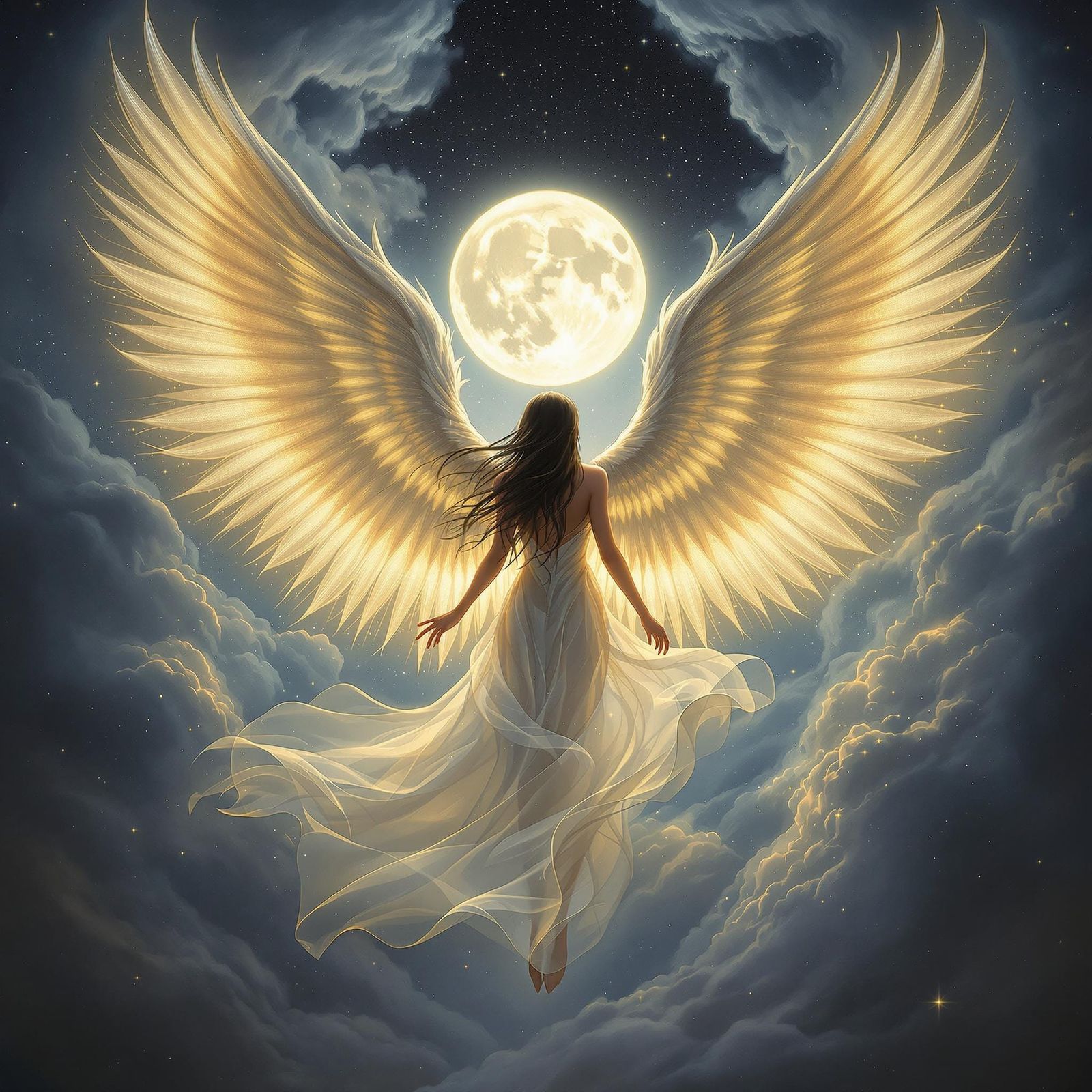 Ethereal Angel Goddess with Radiant Wings in Moonlit Sky