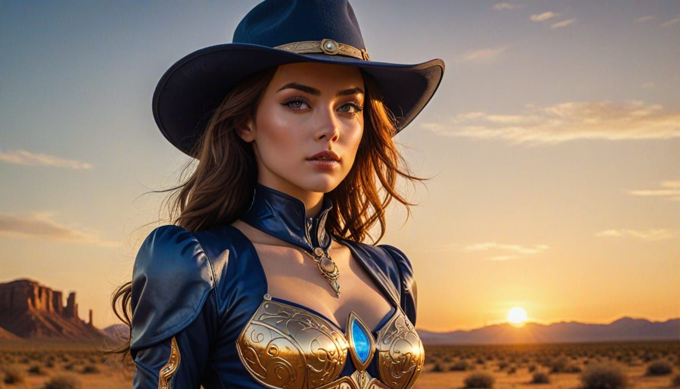 Android Cowgirl in Desert: Surreal Anime Art Nouveau