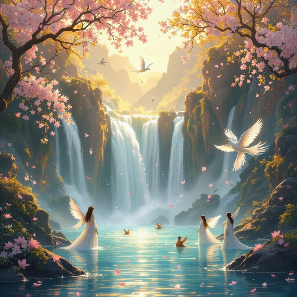 Heavenly Paradise Waterfall Scene in Digital Painting Style