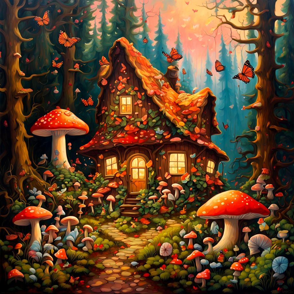 Enchanted Forest House Covered in Sweets, Oil Painting