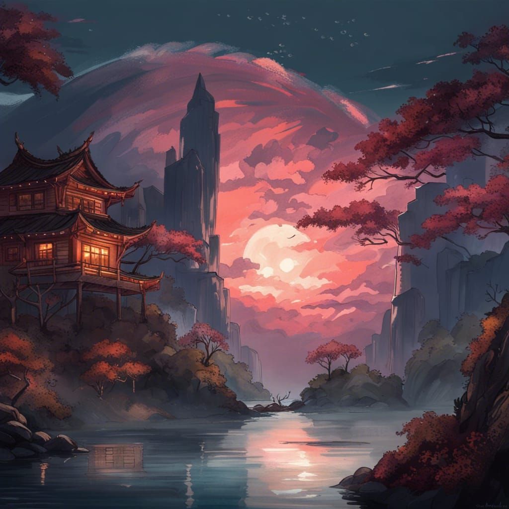 Utopian Sci-Fi Temple Under Orange Moon