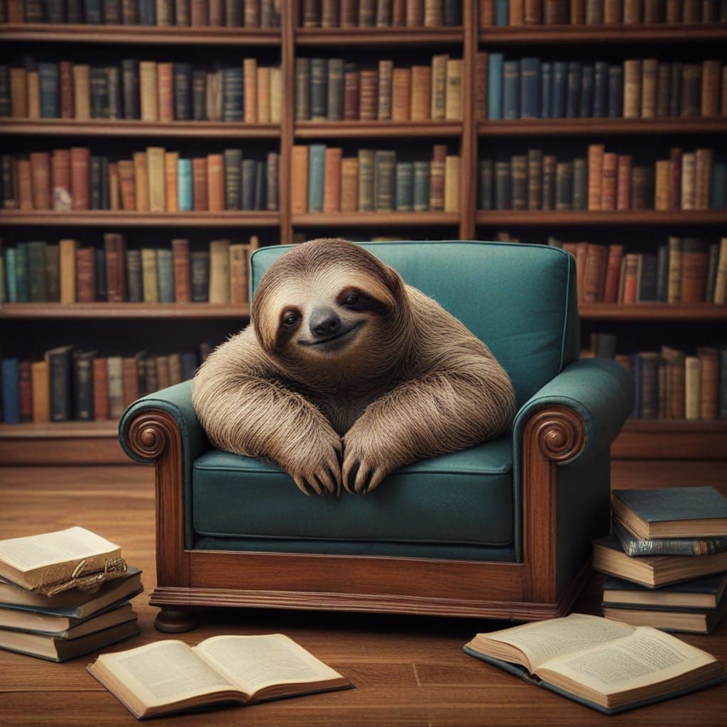 Lazy sloth lounging library surrealism