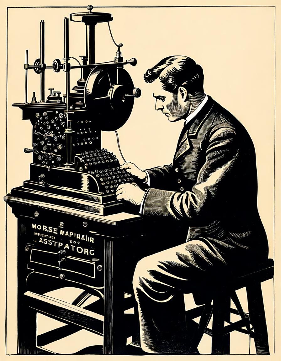 Telegraph Operator at Marine Station Sending Morse Code