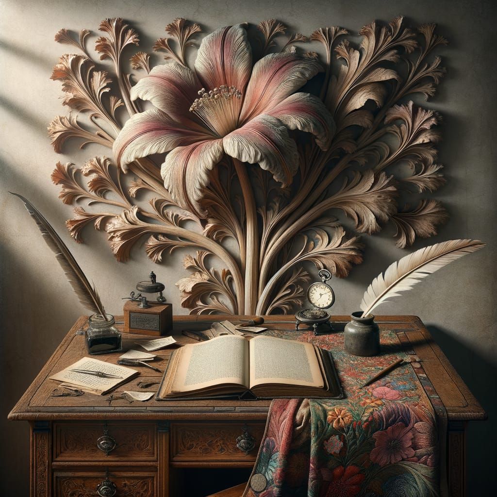 Vintage Desk with Fantasy Flower and Pocket Watch