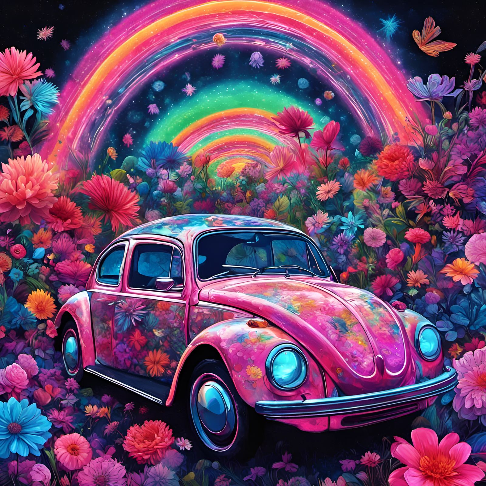 Floral Volkswagen Beetle in Psychedelic Cosmic Style