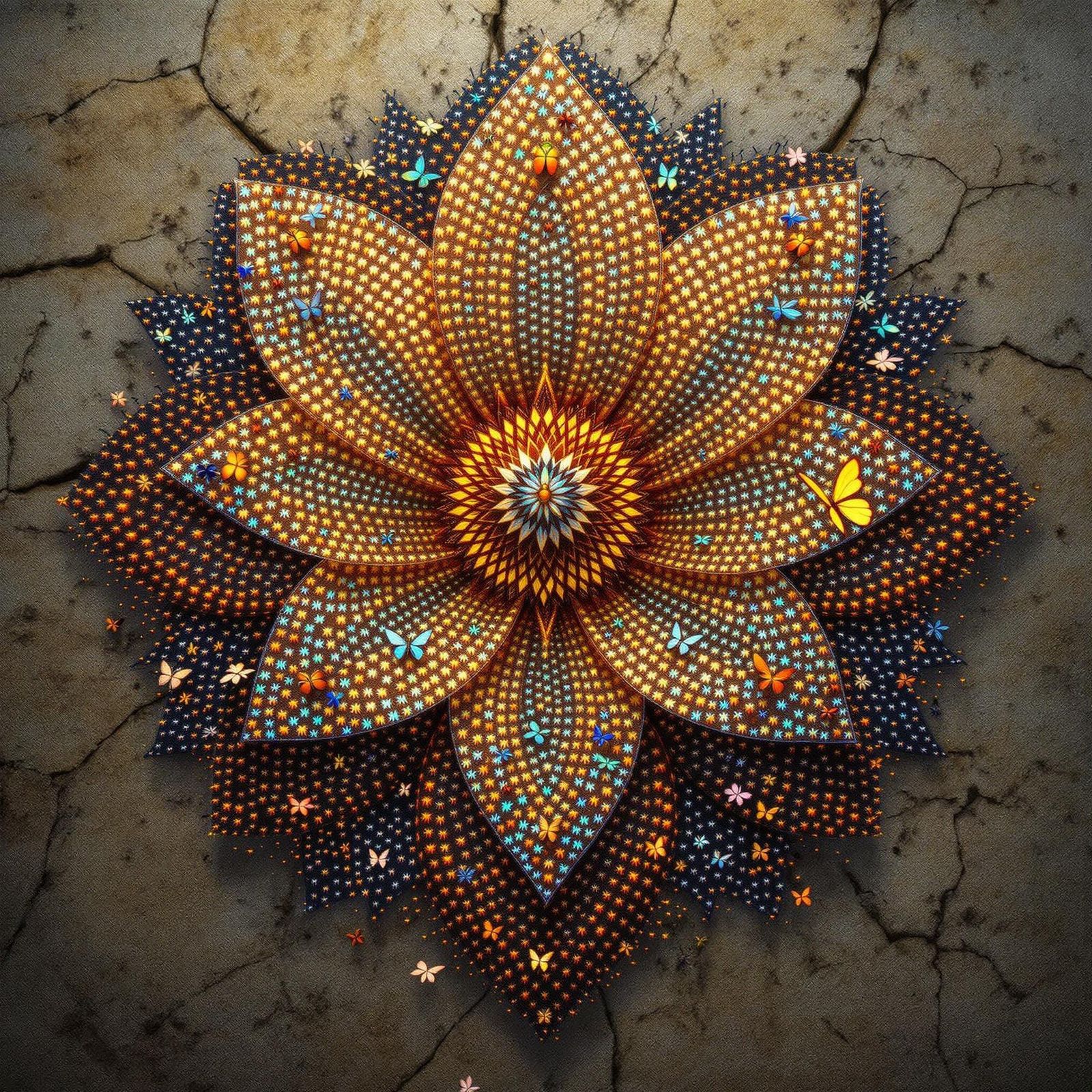Stunning Mosaic Flower with Iridescent Insects in Hyperreali...