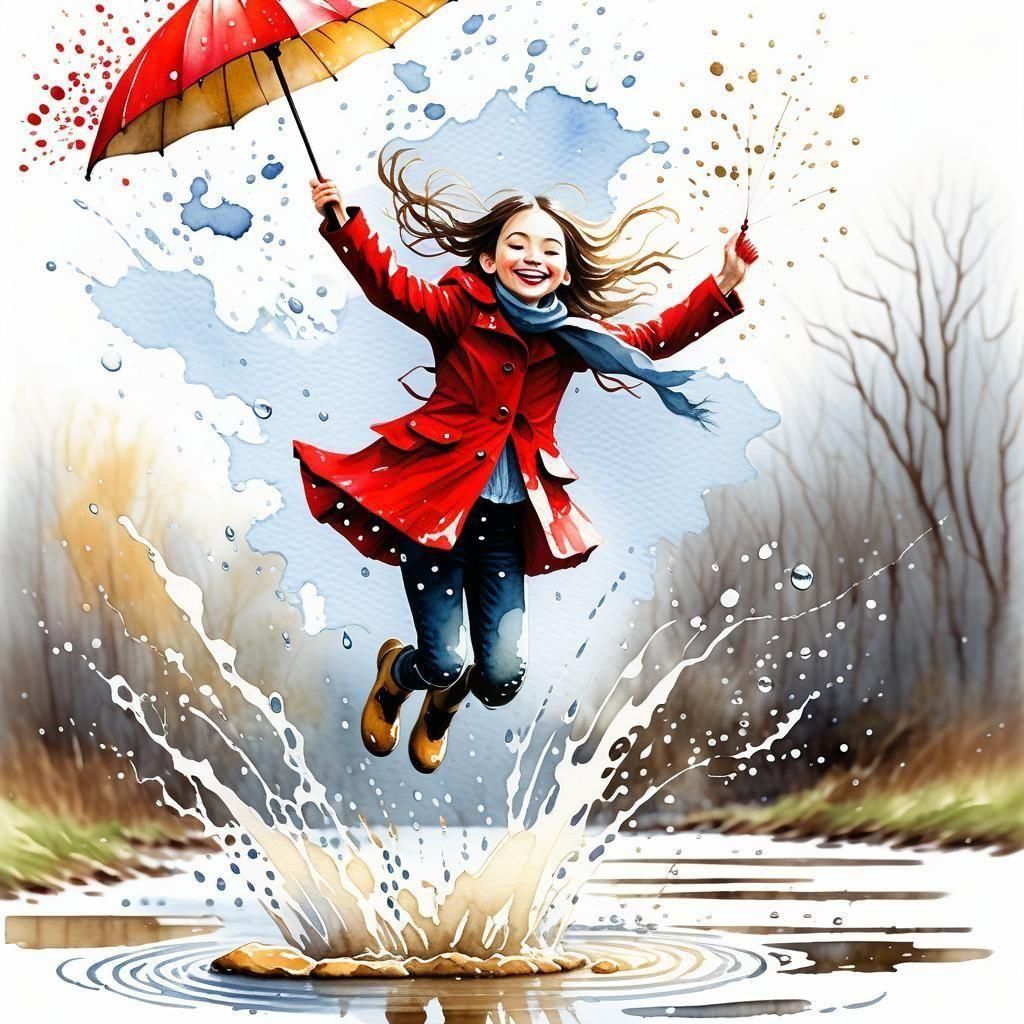 Happy girl jumping in Water puddles