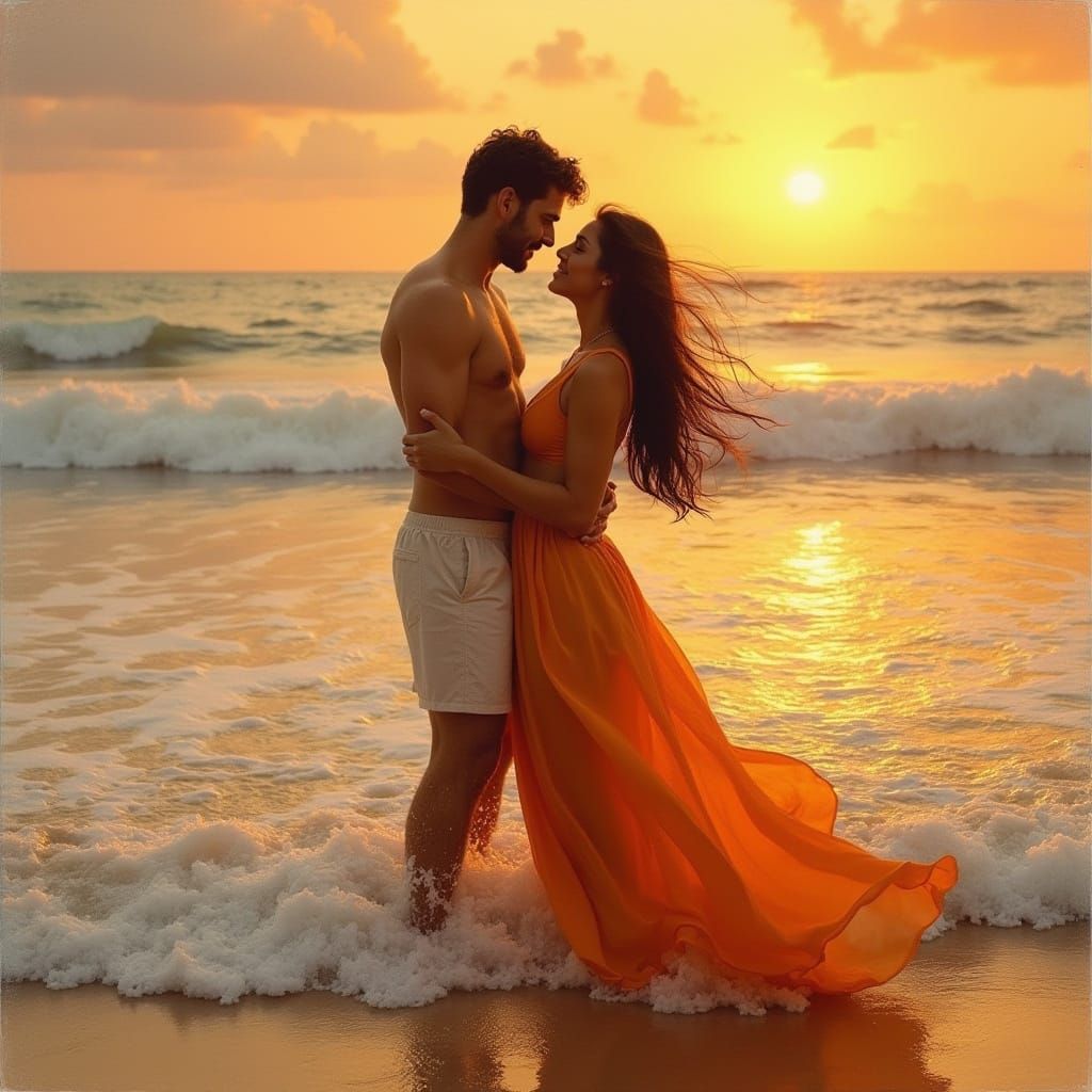 Romantic Beach Embrace in Art Nouveau Style