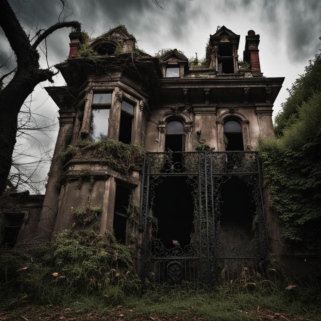 A photo of a desolate, dilapidated mansion, its decaying facade adorned with intricate, vine-covered wrought iron gates,...